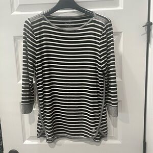 T by Talbots UPF 50+ Boat Neck Black White Striped Size Petite M 3/4 Sleeve Top